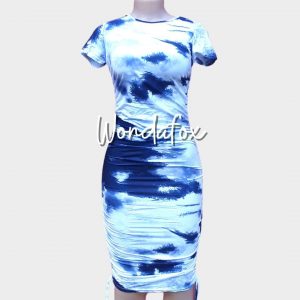 Tie Dye Drawstring Bodycon Mini Dress Sleeveless Ruched Side Lace Up Dress