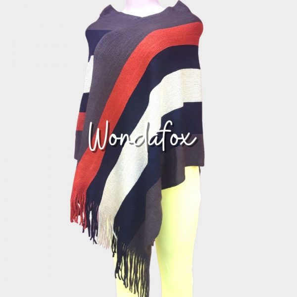 Women's Elegant Knitted Shawl Poncho with Fringed V-Neck Striped Sweater Pullover Cape