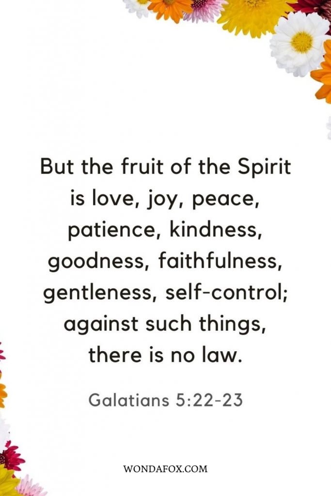 But the fruit of the Spirit is love, joy, peace, patience, kindness, goodness, faithfulness, gentleness, self-control; against such things, there is no law.