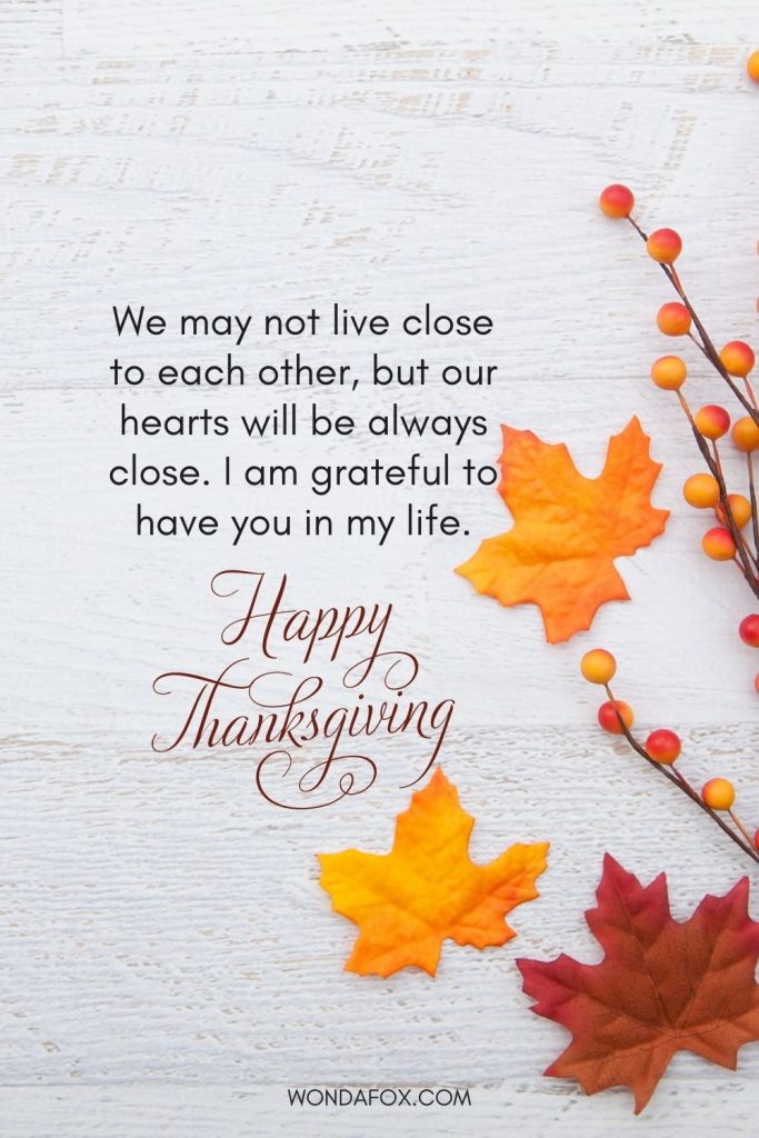 We may not live close to each other, but our hearts will be always close. I am grateful to have you in my life. Happy thanksgiving
