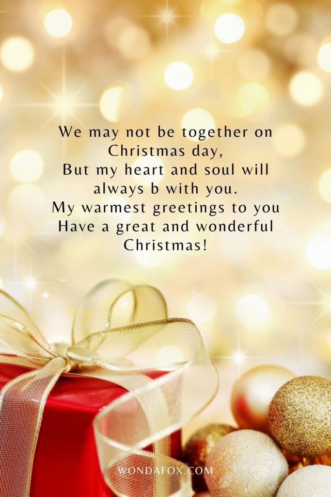 We may not be together on Christmas day, But my heart and soul will always b with you. My warmest greetings to you Have a great and wonderful Christmas!
