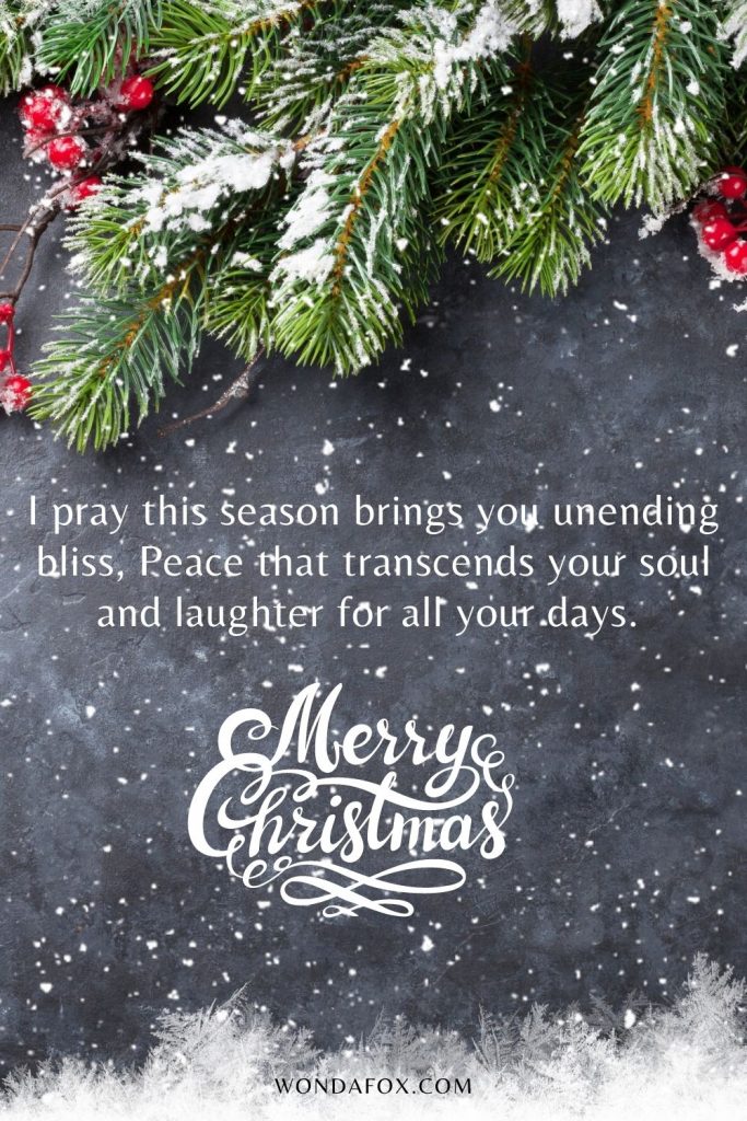 I pray this season brings you unending bliss, Peace that transcends your soul and laughter for all your days. Merry Christmas