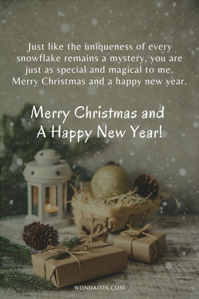 Just like the uniqueness of every snowflake remains a mystery, you are just as special and magical to me. Merry Christmas and a happy new year.