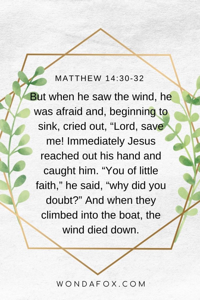 But when he saw the wind, he was afraid and, beginning to sink, cried out, “Lord, save me! Immediately Jesus reached out his hand and caught him. “You of little faith,” he said, “why did you doubt?” And when they climbed into the boat, the wind died down.