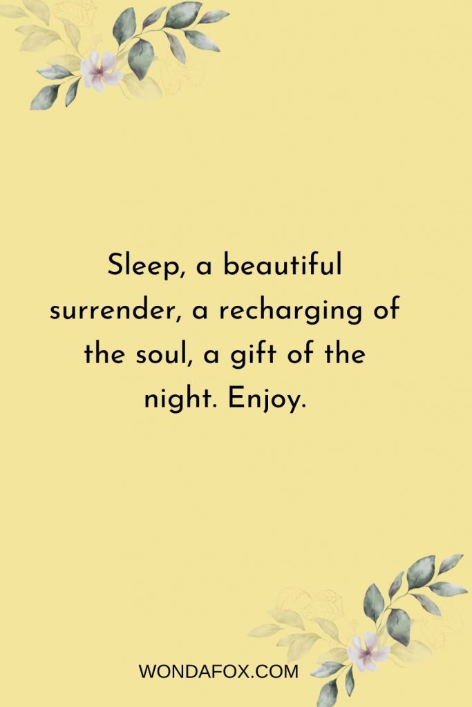 Sleep, a beautiful surrender, a recharging of the soul, a gift of the night. Enjoy