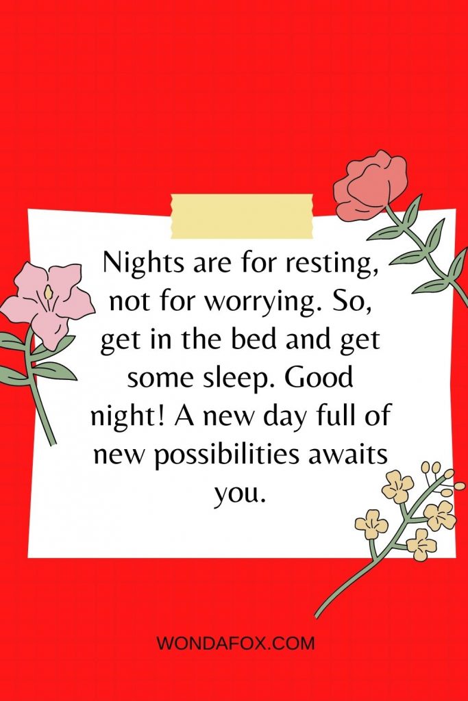 Nights are for resting, not for worrying. So, get in the bed and get some sleep. Good night! A new day full of new possibilities awaits you.