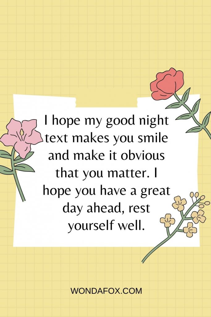 I hope my good night text makes you smile and make it obvious that you matter. I hope you have a great day ahead, rest yourself well.