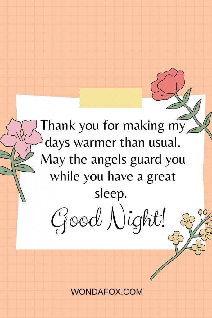 Thank you for making my days warmer than usual. May the angels guard you while you have a great sleep. Good night, sleep tight.