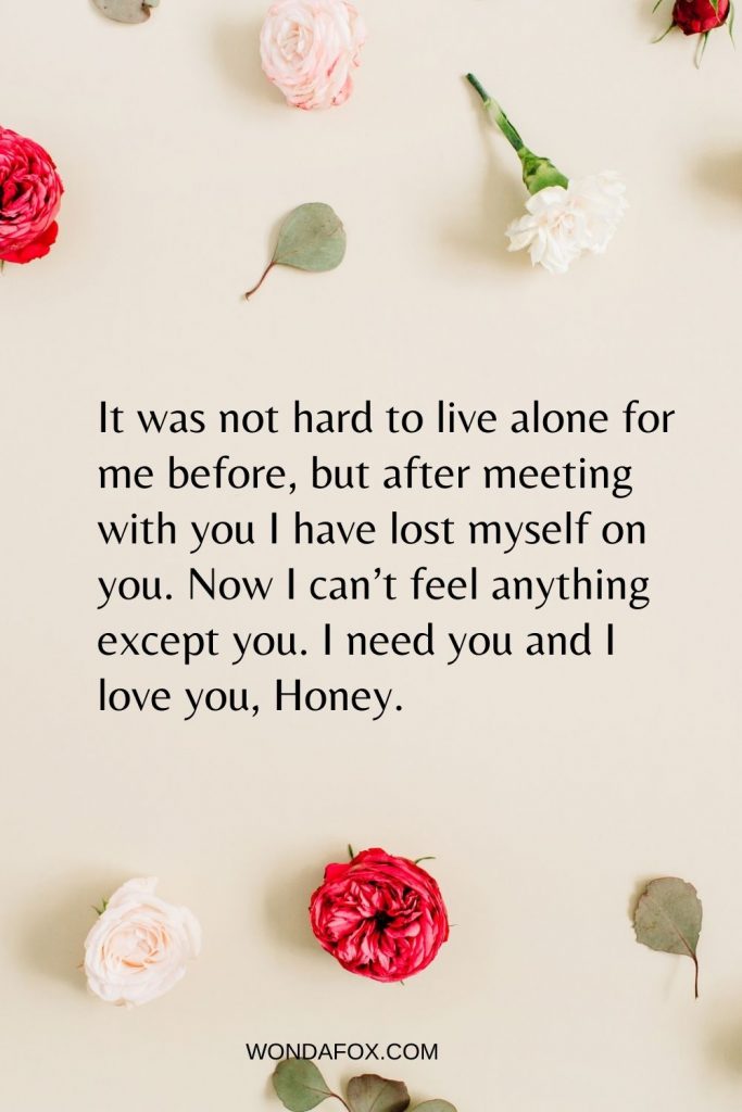 It was not hard to live alone for me before, but after meeting with you I have lost myself on you. Now I can’t feel anything except you. I need you and I love you, Honey.