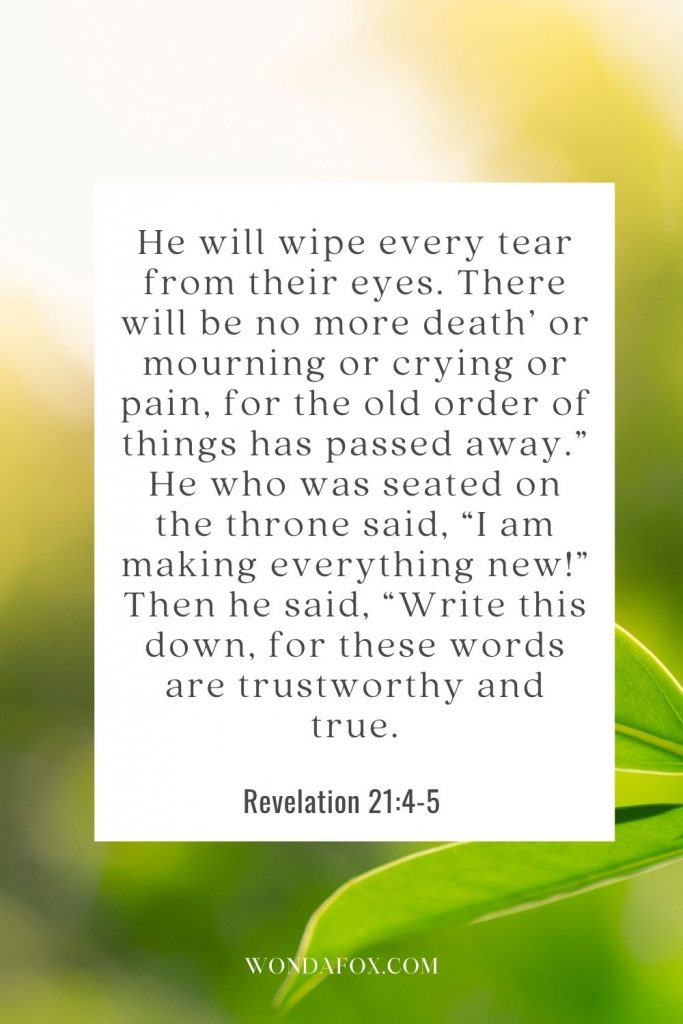 He will wipe every tear from their eyes. There will be no more death’ or mourning or crying or pain, for the old order of things has passed away.” He who was seated on the throne said, “I am making everything new!” Then he said, “Write this down, for these words are trustworthy and true.