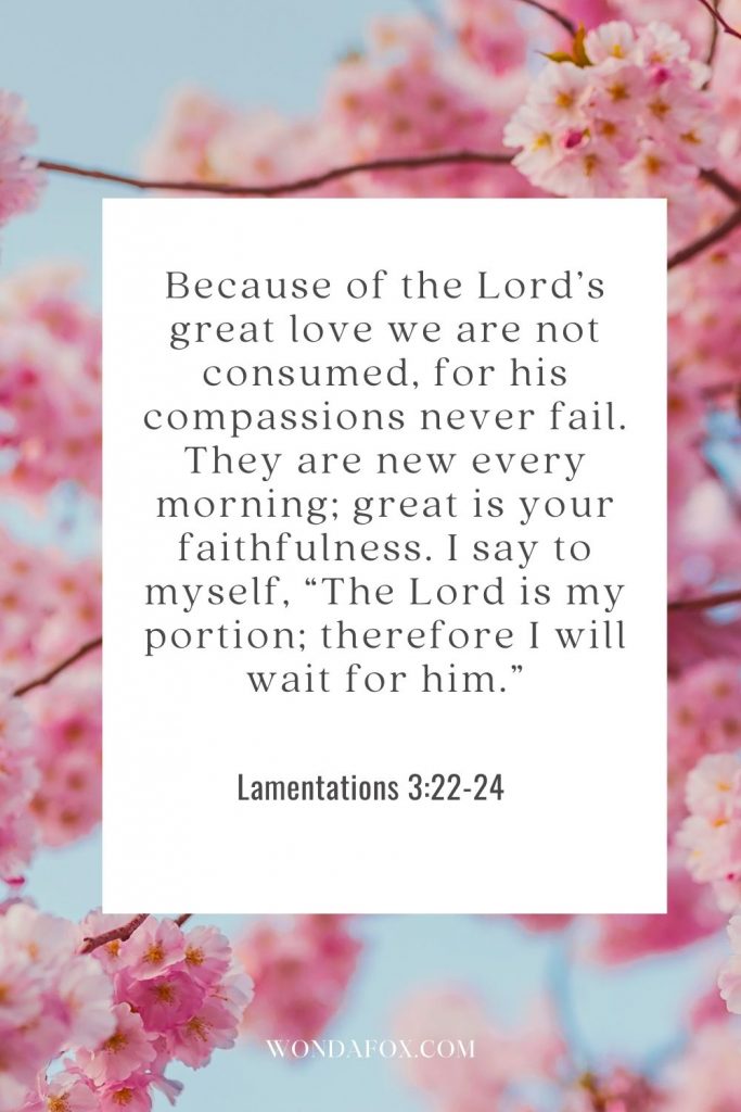 Because of the Lord’s great love we are not consumed, for his compassions never fail. They are new every morning; great is your faithfulness. I say to myself, “The Lord is my portion; therefore I will wait for him.”