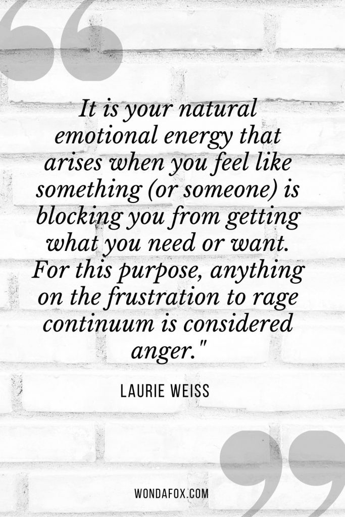 It is your natural emotional energy that arises when you feel like something (or someone) is blocking you from getting what you need or want. For this purpose, anything on the frustration to rage continuum is considered anger."