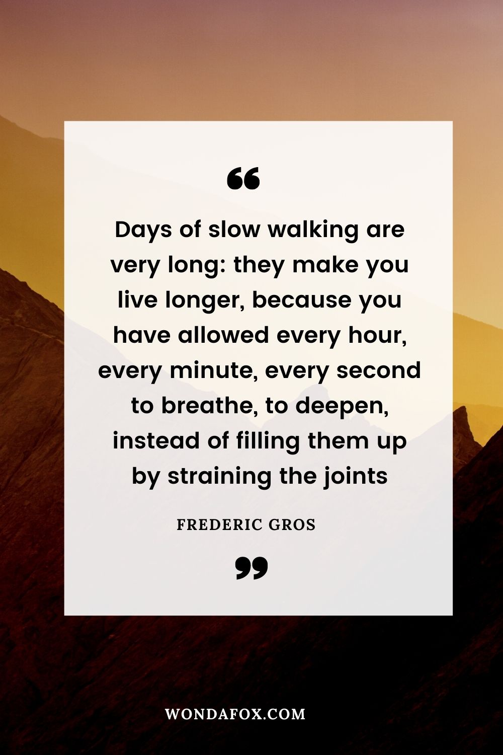 Days of slow walking are very long: they make you live longer, because you have allowed every hour, every minute, every second to breathe, to deepen, instead of filling them up by straining the joints