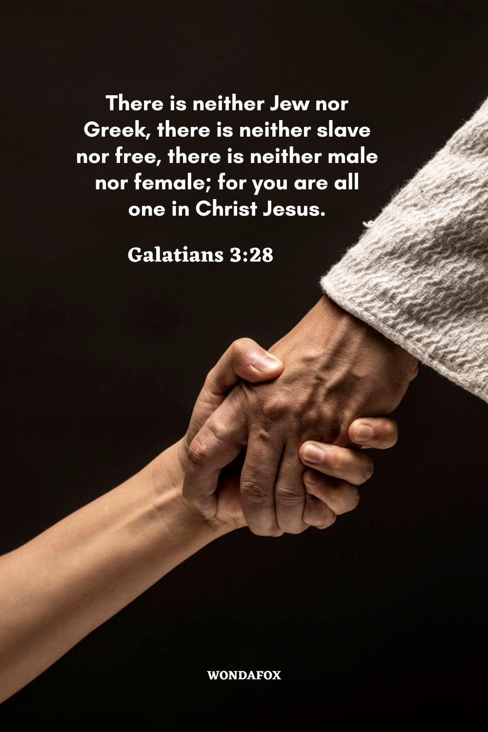 There is neither Jew nor Greek, there is neither slave nor free, there is neither male nor female; for you are all one in Christ Jesus.
Galatians 3:28