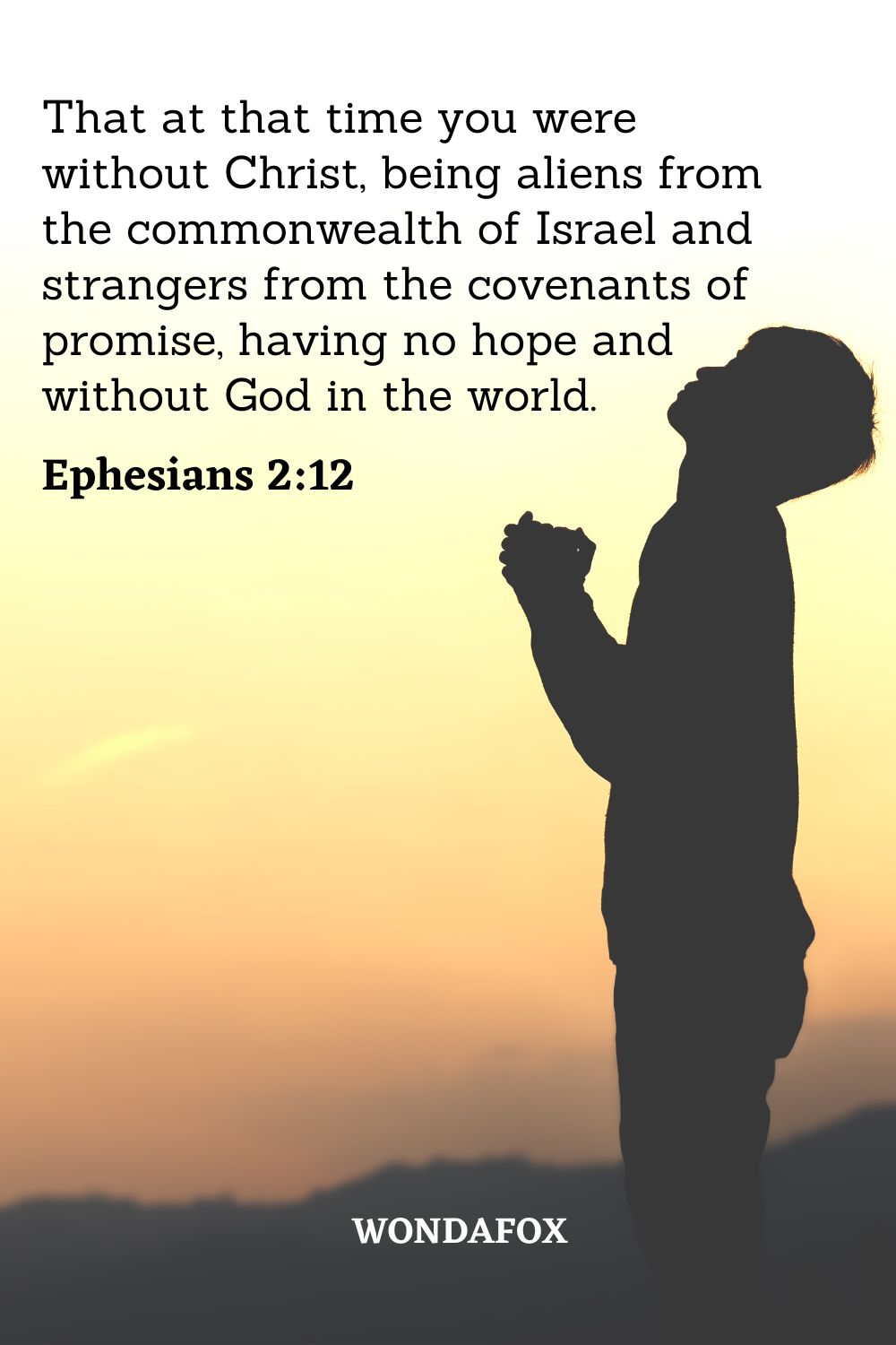 That at that time you were without Christ, being aliens from the commonwealth of Israel and strangers from the covenants of promise, having no hope and without God in the world.
Ephesians 2:12