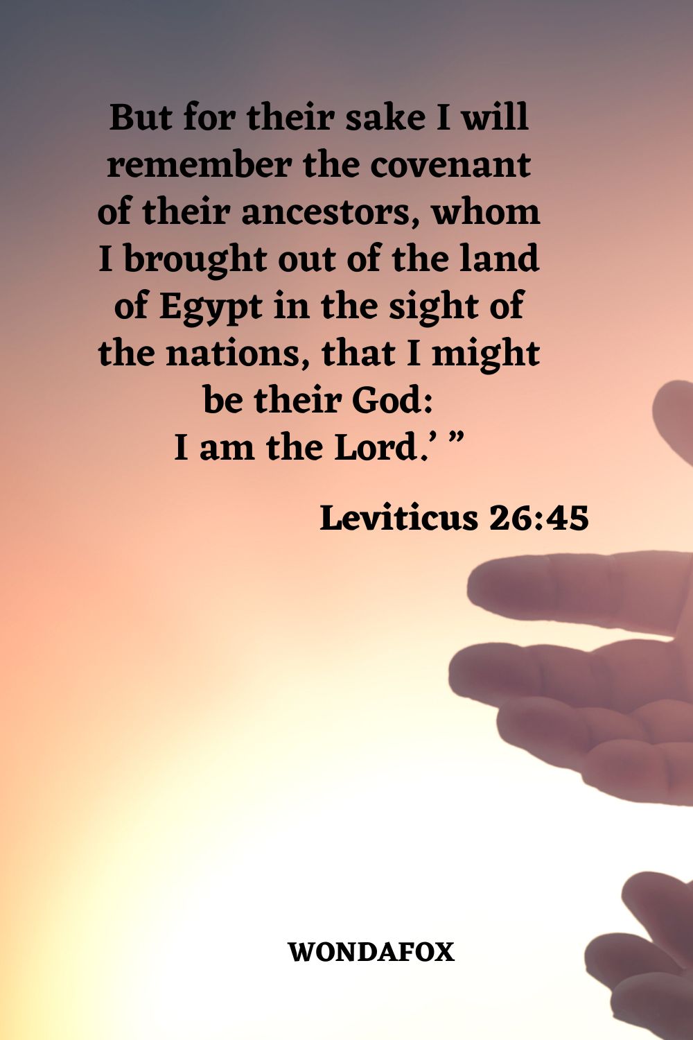  But for their sake I will remember the covenant of their ancestors, whom I brought out of the land of Egypt in the sight of the nations, that I might be their God:
I am the Lord.’ ”
Leviticus 26:45