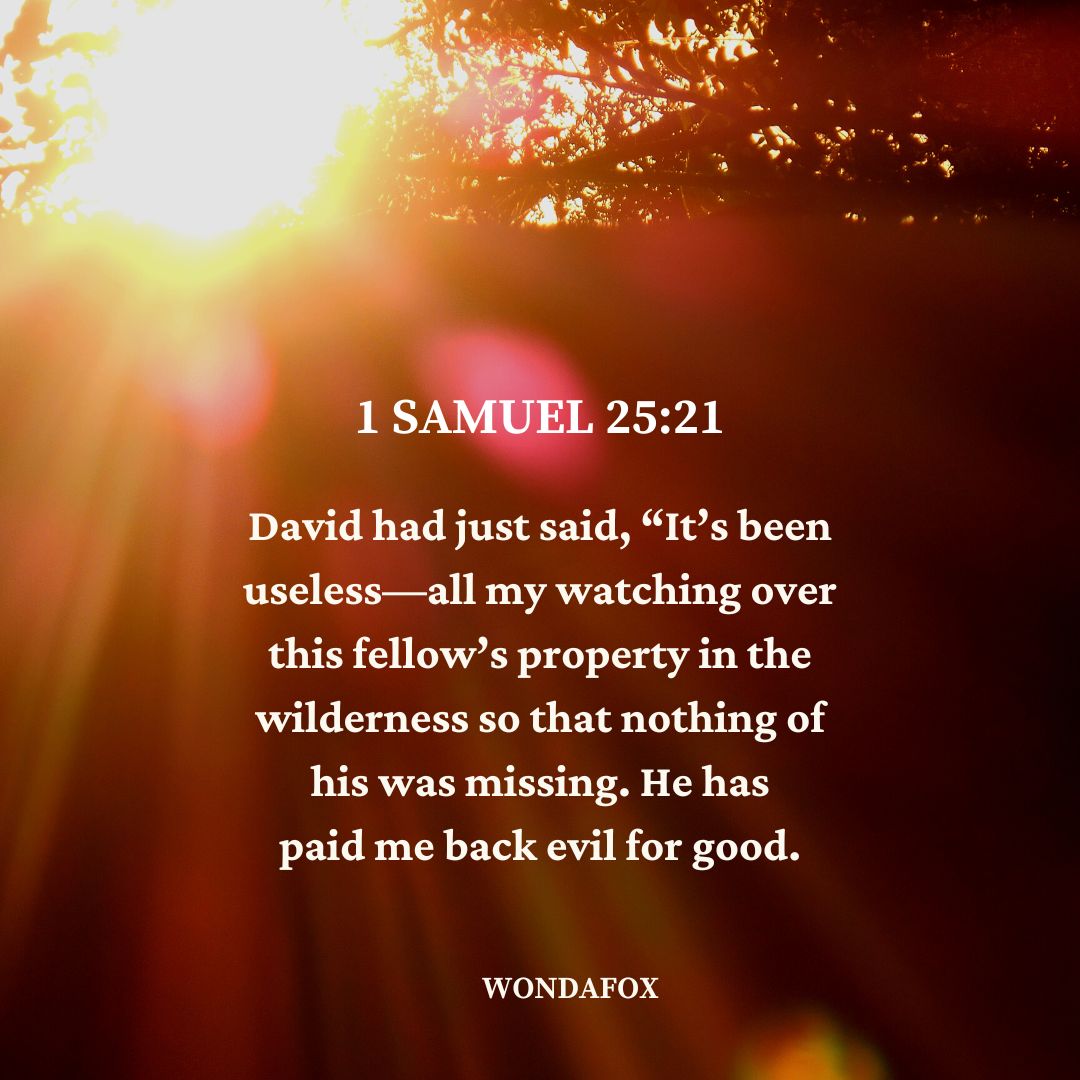 1 Samuel 25:21
David had just said, “It’s been useless—all my watching over this fellow’s property in the wilderness so that nothing of his was missing. He has paid me back evil for good.