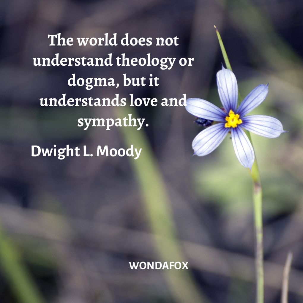 The world does not understand theology or dogma, but it understands love and sympathy.
Dwight L. Moody